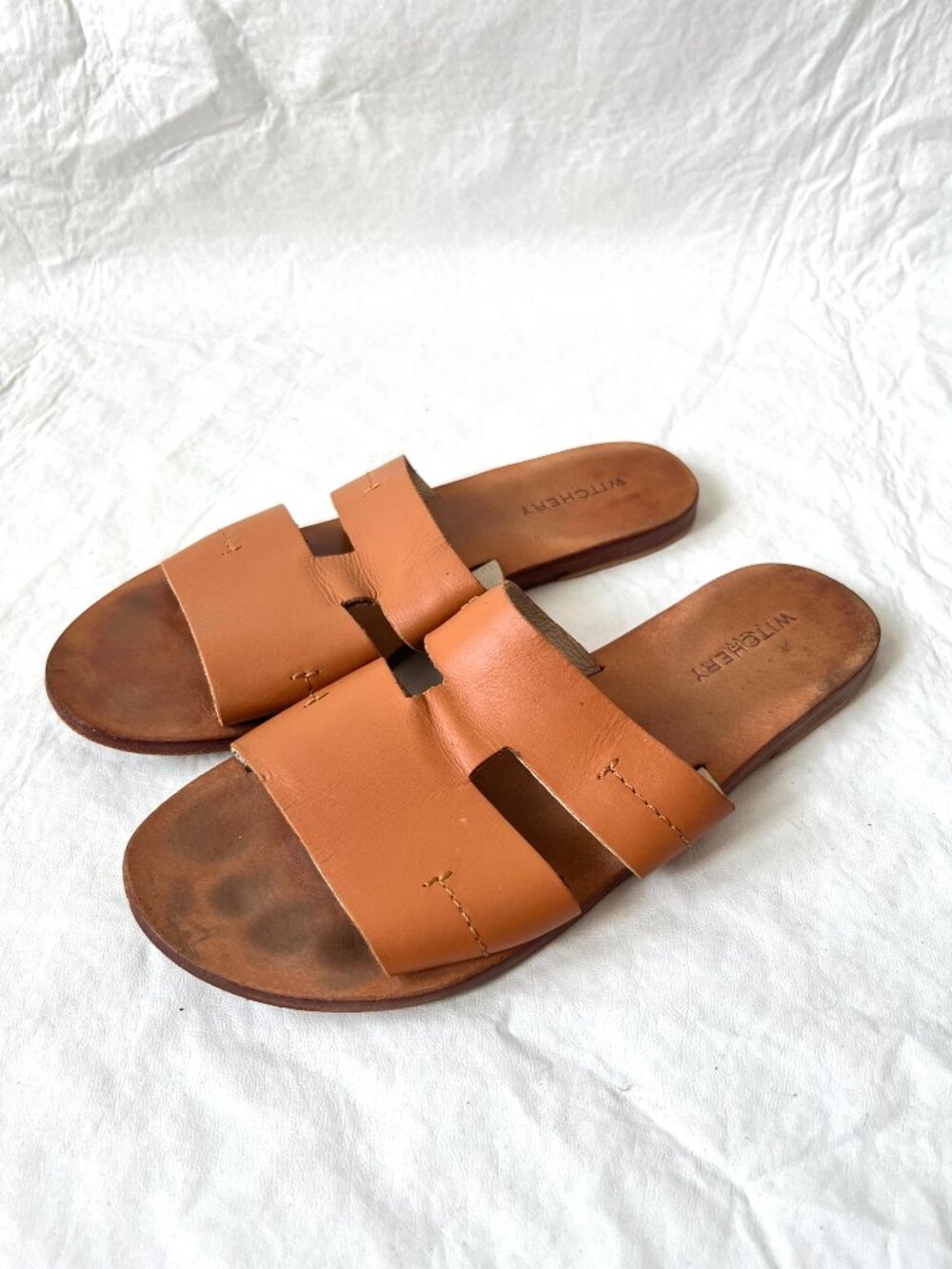 Witchery sandals brown leather slides flat slip on EU 38 US 7.5 womens cut outs